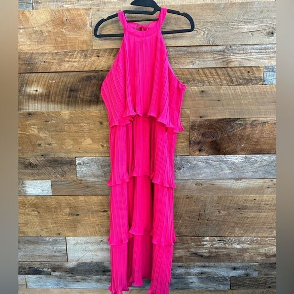 ZESICA SLEEVELESS HALTER TIE NECK RUFFLE TIERED MIDI DRESS IN PINK NWT SZ LARGE - Picture 2 of 16
